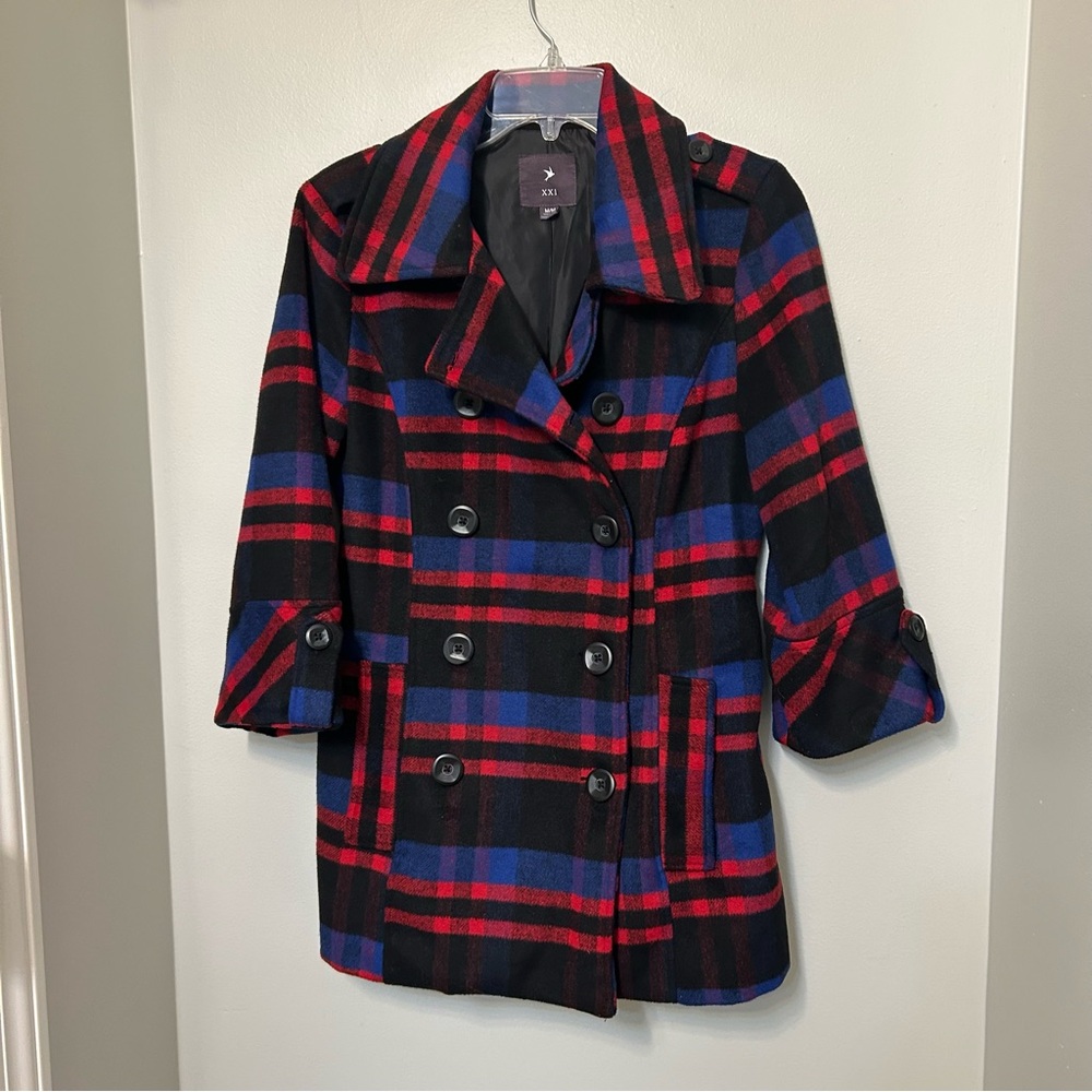 XXI Pea Coat Red Blue Wool Plaid Belted Double Breasted Winter Warm Womens M EUC